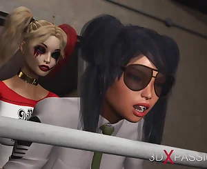 Molten bang-out in jail! Harley Quinn ravages a female jail officer